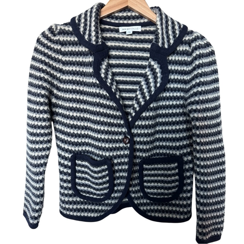 SEE BY CHLOE 100% Wool Navy & White Striped Knit Cardigan Sweater Jacket Small 4